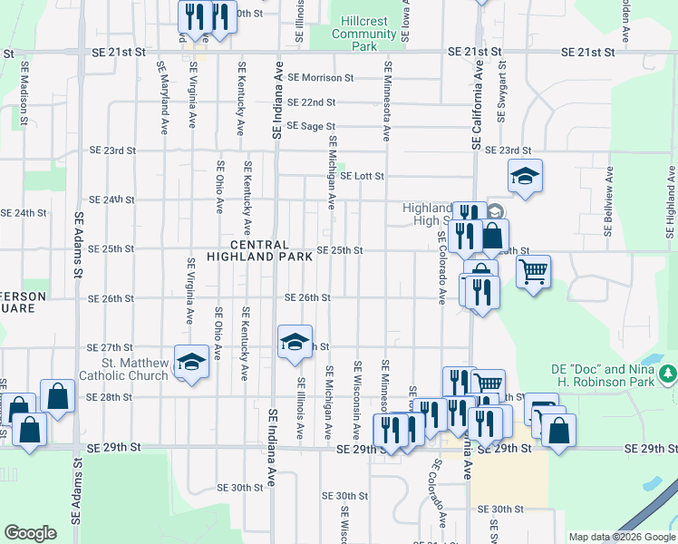 map of restaurants, bars, coffee shops, grocery stores, and more near 2544 Southeast Michigan Avenue in Topeka