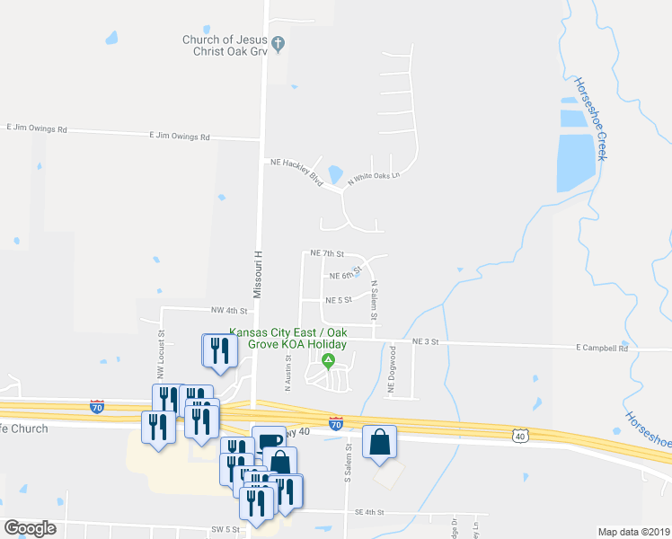map of restaurants, bars, coffee shops, grocery stores, and more near 302 Northeast 6th Street in Oak Grove