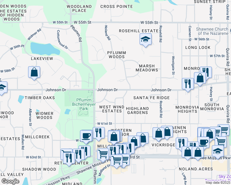 map of restaurants, bars, coffee shops, grocery stores, and more near 13223 Johnson Drive in Shawnee
