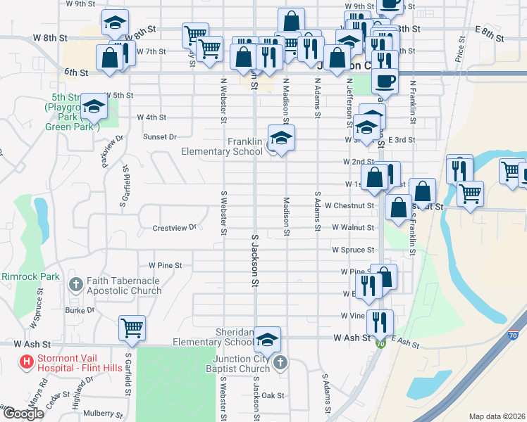 map of restaurants, bars, coffee shops, grocery stores, and more near 435 West Chestnut Street in Junction City
