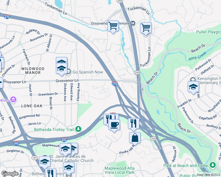 map of restaurants, bars, coffee shops, grocery stores, and more near 5316 Merriam Street in Bethesda