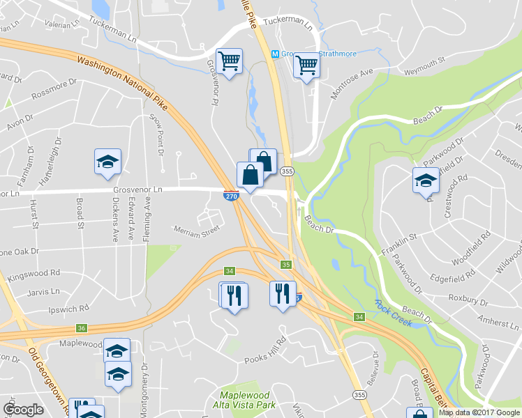map of restaurants, bars, coffee shops, grocery stores, and more near 5201 King Charles Way in Bethesda