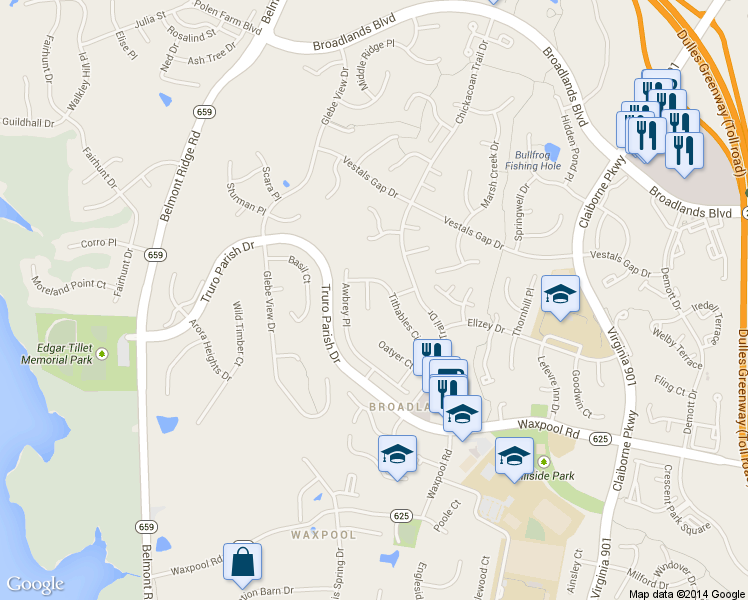 map of restaurants, bars, coffee shops, grocery stores, and more near 21496 Hearthstone Court in Broadlands