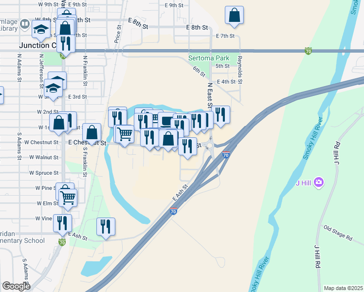 map of restaurants, bars, coffee shops, grocery stores, and more near 814 East Chestnut Street in Junction City