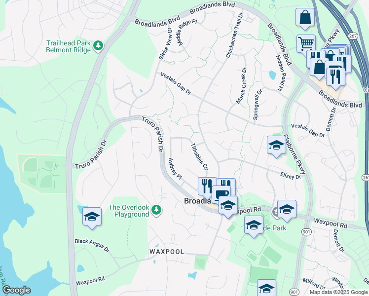 map of restaurants, bars, coffee shops, grocery stores, and more near 21496 Hearthstone Court in Broadlands