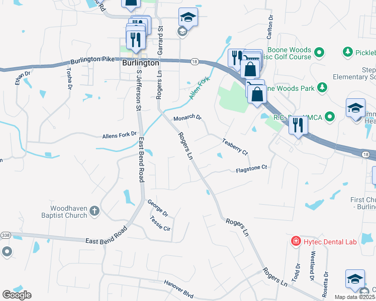 map of restaurants, bars, coffee shops, grocery stores, and more near 6180 Rogers Lane in Burlington