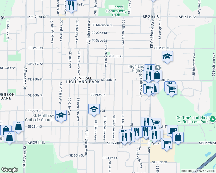 map of restaurants, bars, coffee shops, grocery stores, and more near 2544 Southeast Michigan Avenue in Topeka