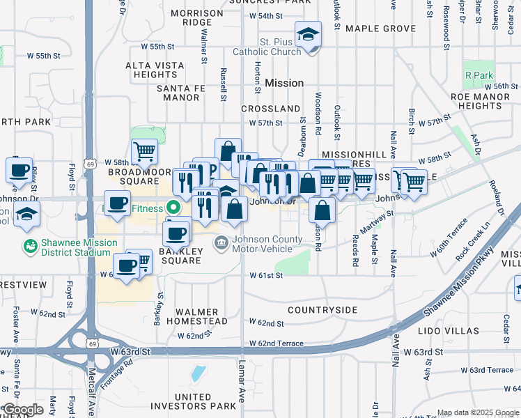 map of restaurants, bars, coffee shops, grocery stores, and more near 6201 Johnson Drive in Mission