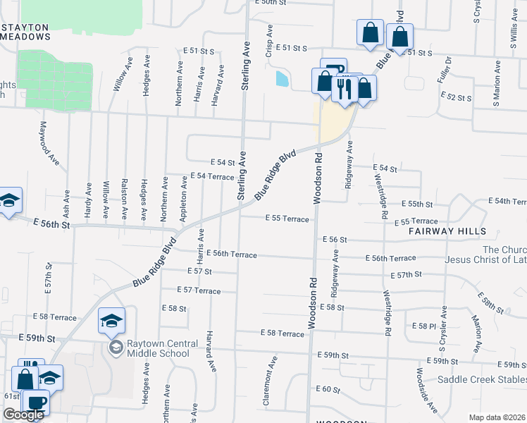 map of restaurants, bars, coffee shops, grocery stores, and more near 5443 Blue Ridge Boulevard in Raytown