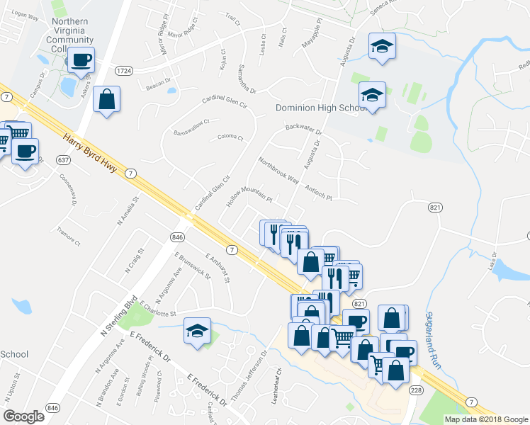 map of restaurants, bars, coffee shops, grocery stores, and more near 46822 Vermont Maple Terrace in Sterling