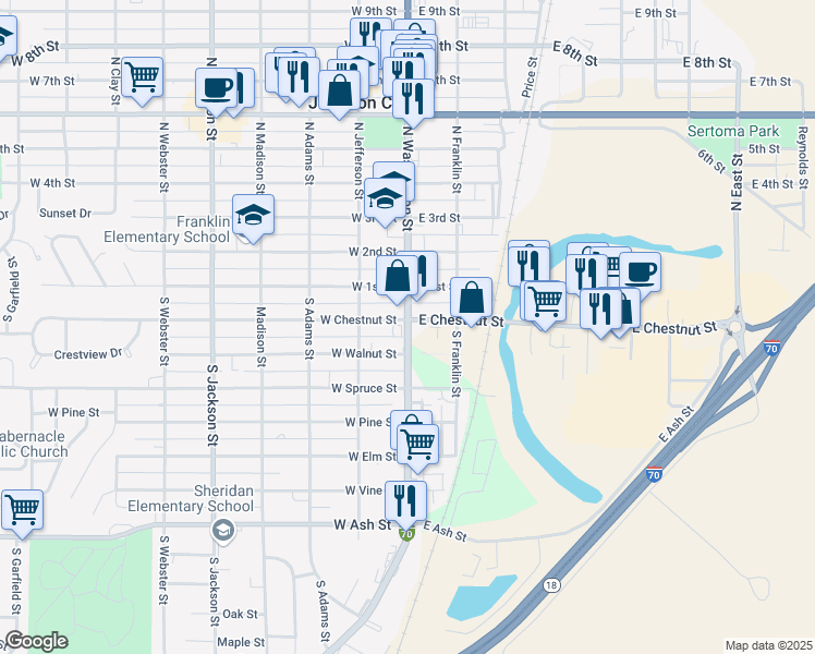 map of restaurants, bars, coffee shops, grocery stores, and more near 200 South Washington Street in Junction City