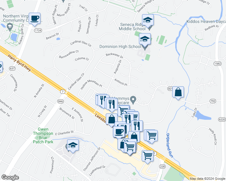 map of restaurants, bars, coffee shops, grocery stores, and more near 21457 Tamarack Ridge Square in Sterling