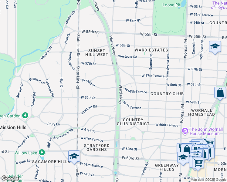 map of restaurants, bars, coffee shops, grocery stores, and more near 5760 Ward Parkway in Kansas City