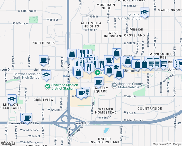 map of restaurants, bars, coffee shops, grocery stores, and more near 5899 Barkley Street in Mission