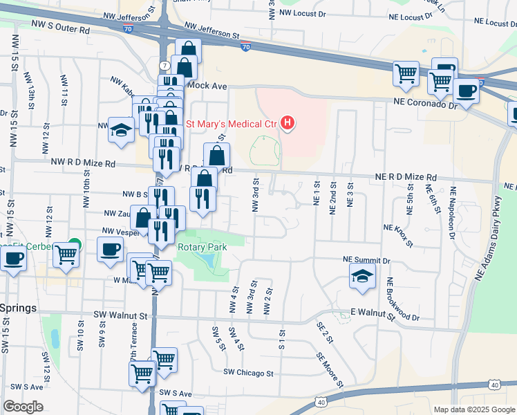 map of restaurants, bars, coffee shops, grocery stores, and more near 500 Northwest 3rd Street in Blue Springs