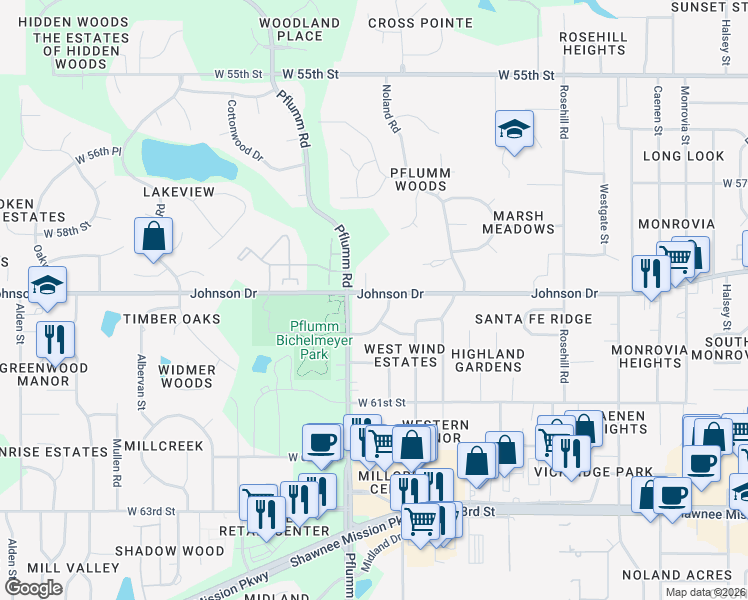 map of restaurants, bars, coffee shops, grocery stores, and more near 13405 Johnson Drive in Shawnee