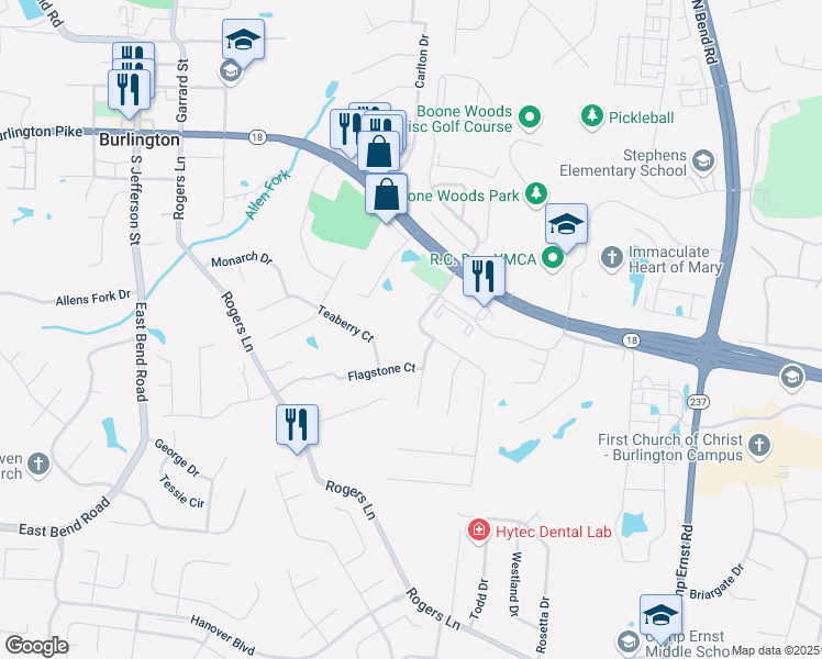 map of restaurants, bars, coffee shops, grocery stores, and more near 2435 Burlington Pike in Burlington