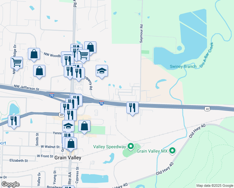 map of restaurants, bars, coffee shops, grocery stores, and more near 150 Northeast Mcquerry Road in Grain Valley