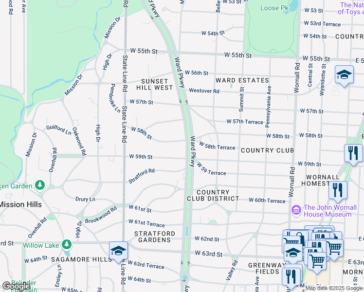 map of restaurants, bars, coffee shops, grocery stores, and more near 5760 Ward Parkway in Kansas City