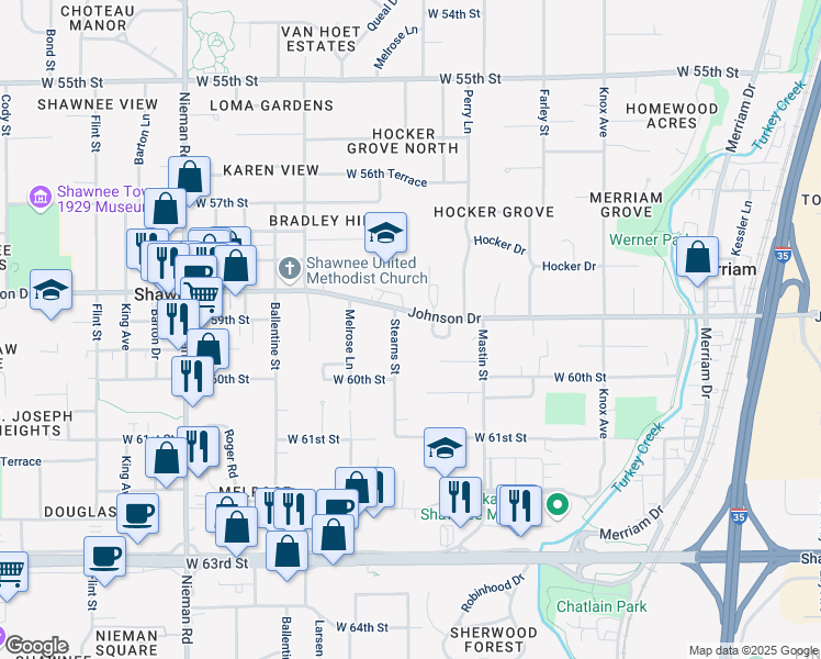 map of restaurants, bars, coffee shops, grocery stores, and more near 5904 Brittany Street in Shawnee