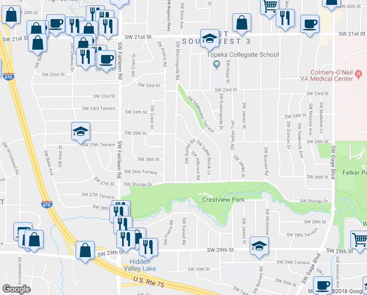 map of restaurants, bars, coffee shops, grocery stores, and more near 2419 Southwest Valley Brook Lane in Topeka