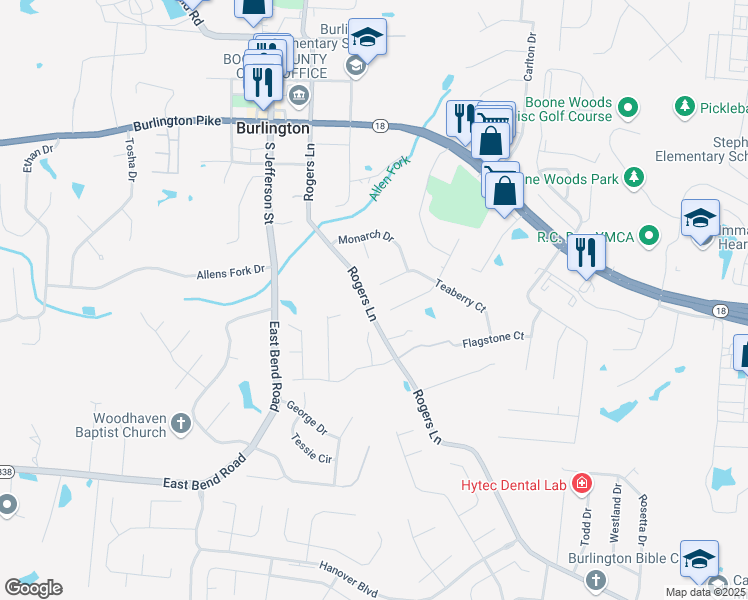 map of restaurants, bars, coffee shops, grocery stores, and more near 6180 Rogers Lane in Burlington