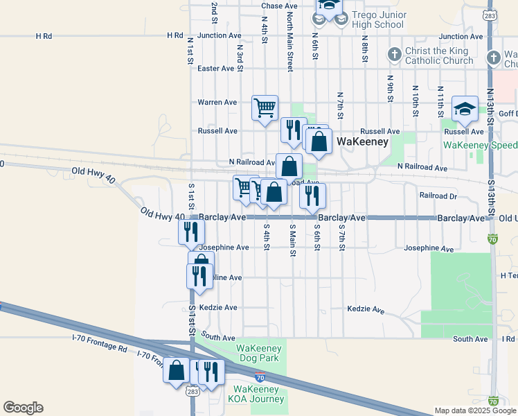 map of restaurants, bars, coffee shops, grocery stores, and more near 100-198 South 3rd Street in WaKeeney
