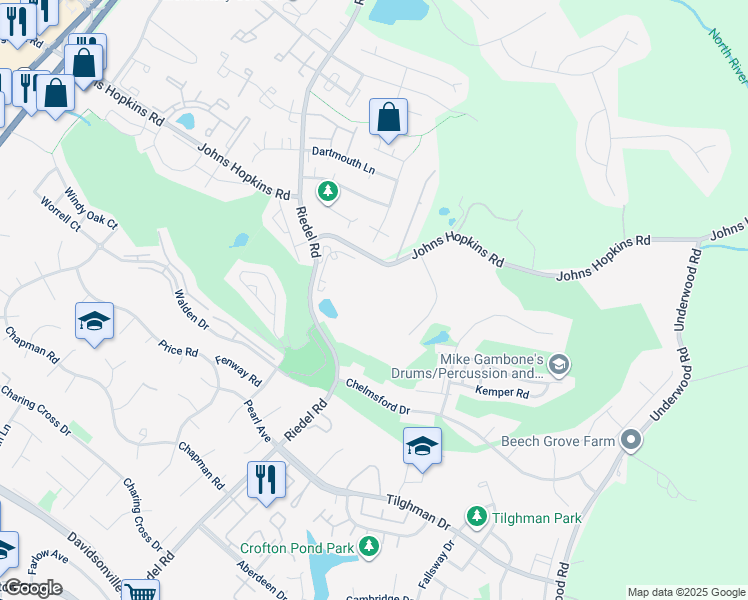 map of restaurants, bars, coffee shops, grocery stores, and more near 2173 Johns Hopkins Road in Gambrills