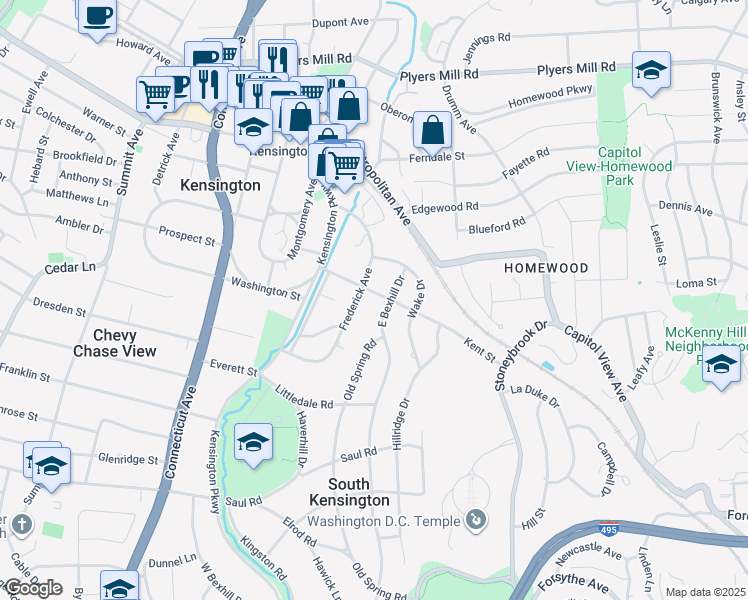 map of restaurants, bars, coffee shops, grocery stores, and more near 3404 Kent Street in Kensington