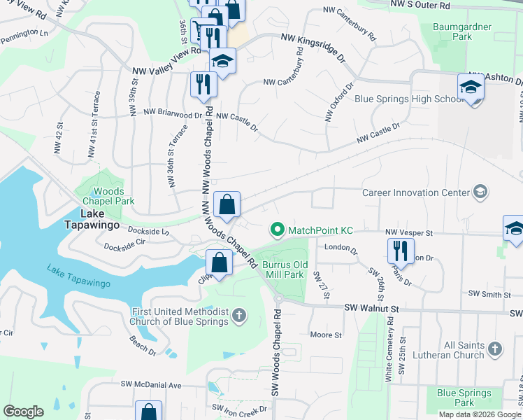 map of restaurants, bars, coffee shops, grocery stores, and more near 3229 Northwest Mill Drive in Blue Springs