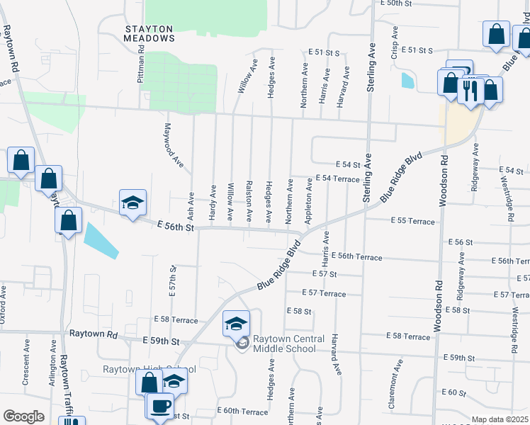 map of restaurants, bars, coffee shops, grocery stores, and more near 5516 Hedges Avenue in Raytown