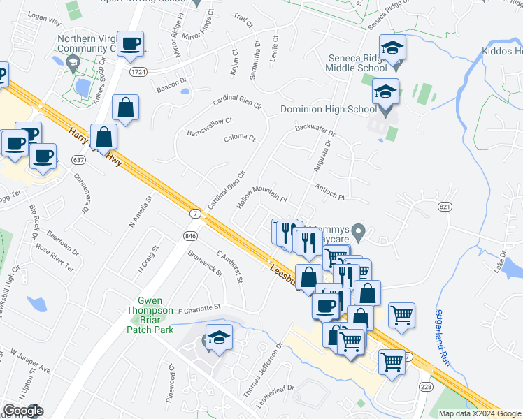 map of restaurants, bars, coffee shops, grocery stores, and more near 46801 Vermont Maple Terrace in Sterling