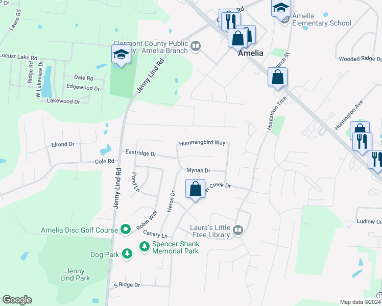 map of restaurants, bars, coffee shops, grocery stores, and more near 30 Eastridge Drive in Amelia