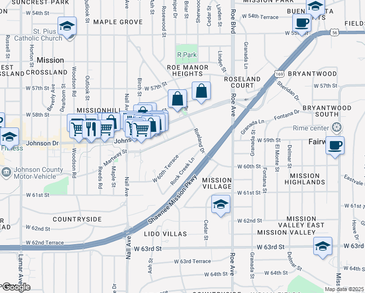 map of restaurants, bars, coffee shops, grocery stores, and more near 4976 West 60th Terrace in Mission