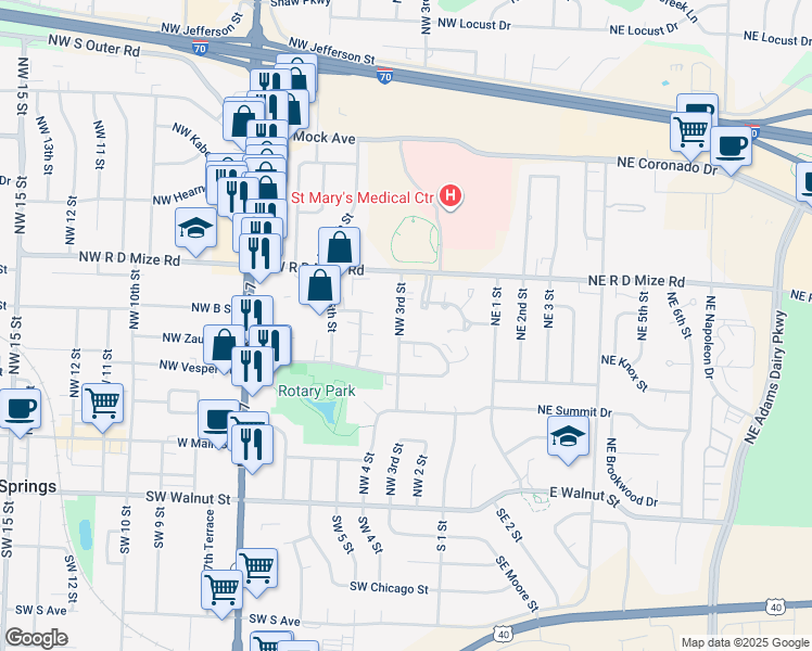map of restaurants, bars, coffee shops, grocery stores, and more near 504 Northwest 3rd Street in Blue Springs