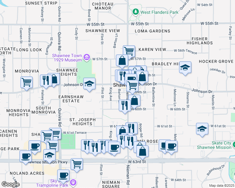 map of restaurants, bars, coffee shops, grocery stores, and more near 11209 Johnson Drive in Shawnee