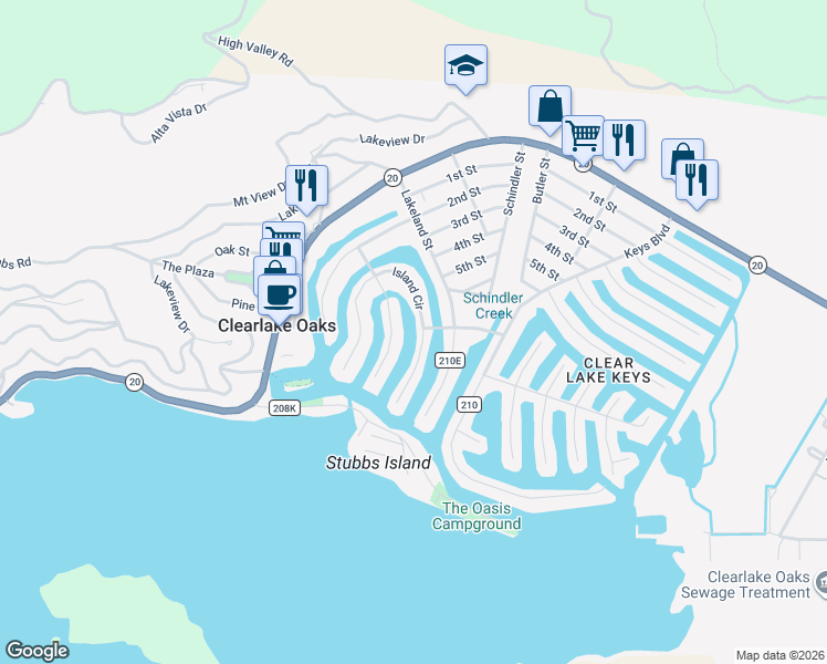map of restaurants, bars, coffee shops, grocery stores, and more near 12855 Island Drive in Clearlake Oaks