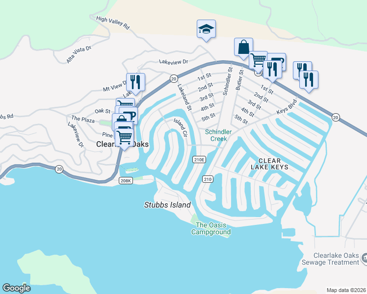 map of restaurants, bars, coffee shops, grocery stores, and more near 12855 Island Drive in Clearlake Oaks