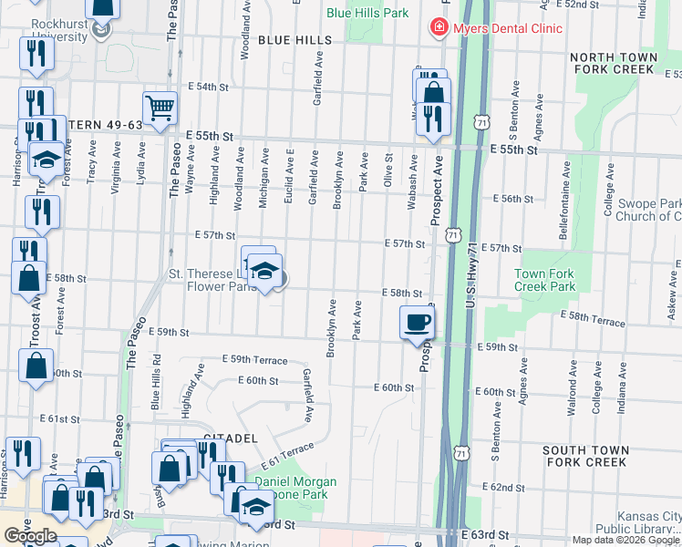 map of restaurants, bars, coffee shops, grocery stores, and more near 5711 Brooklyn Avenue in Kansas City