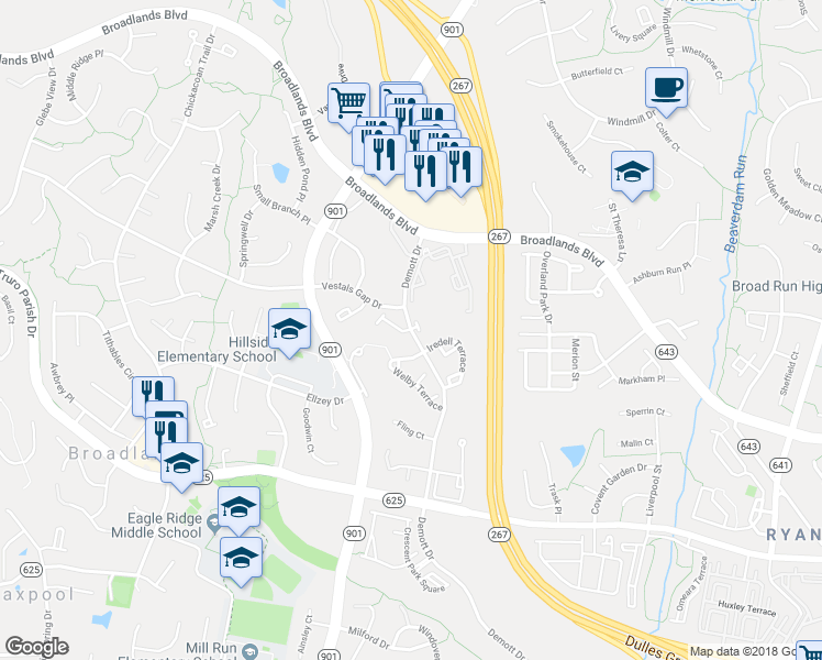 map of restaurants, bars, coffee shops, grocery stores, and more near 43145 Huntsman Square in Ashburn