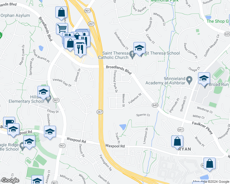 map of restaurants, bars, coffee shops, grocery stores, and more near 43294 Markham Place in Ashburn