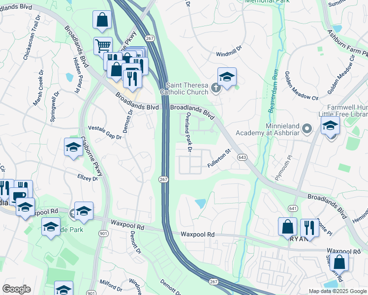 map of restaurants, bars, coffee shops, grocery stores, and more near 43286 Markham Place in Ashburn