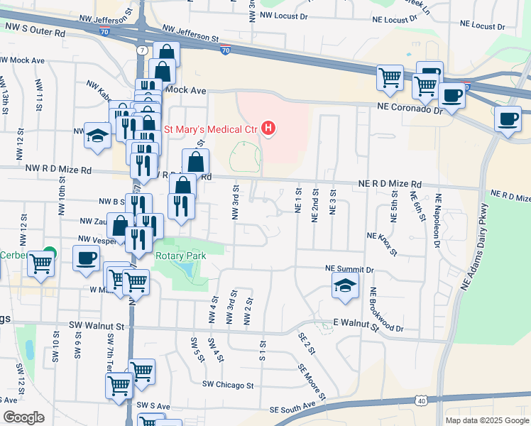 map of restaurants, bars, coffee shops, grocery stores, and more near 585 Northwest Valleybrook Road in Blue Springs