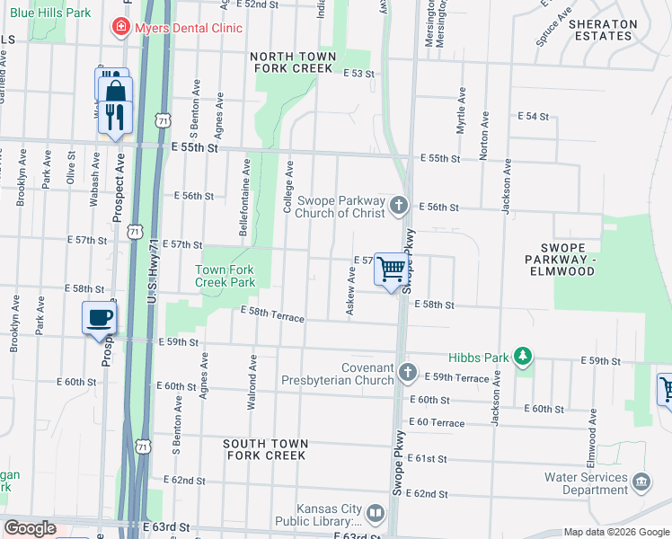 map of restaurants, bars, coffee shops, grocery stores, and more near 5663 Bales Avenue in Kansas City