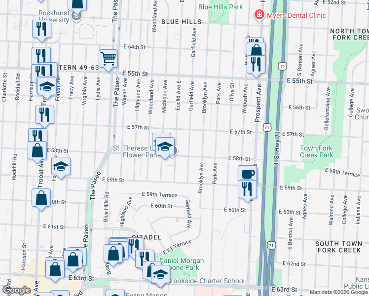 map of restaurants, bars, coffee shops, grocery stores, and more near 5716 Garfield Avenue in Kansas City