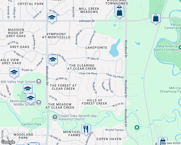 map of restaurants, bars, coffee shops, grocery stores, and more near 5812 Redbud Street in Shawnee