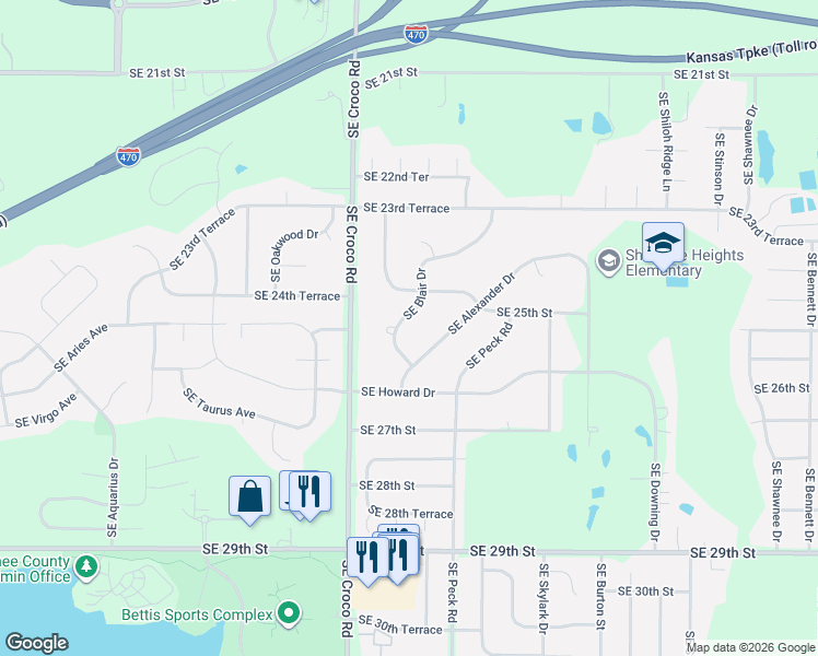 map of restaurants, bars, coffee shops, grocery stores, and more near 2514 Southeast Blair Drive in Topeka