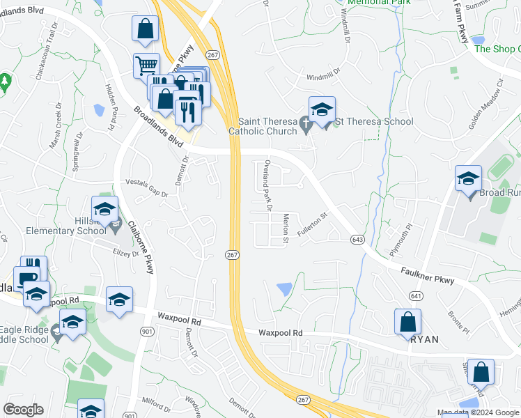 map of restaurants, bars, coffee shops, grocery stores, and more near 43286 Markham Place in Ashburn