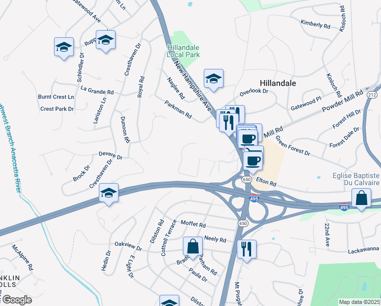 map of restaurants, bars, coffee shops, grocery stores, and more near 10000 New Hampshire Avenue in Silver Spring