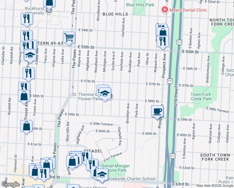 map of restaurants, bars, coffee shops, grocery stores, and more near 5716 Garfield Avenue in Kansas City